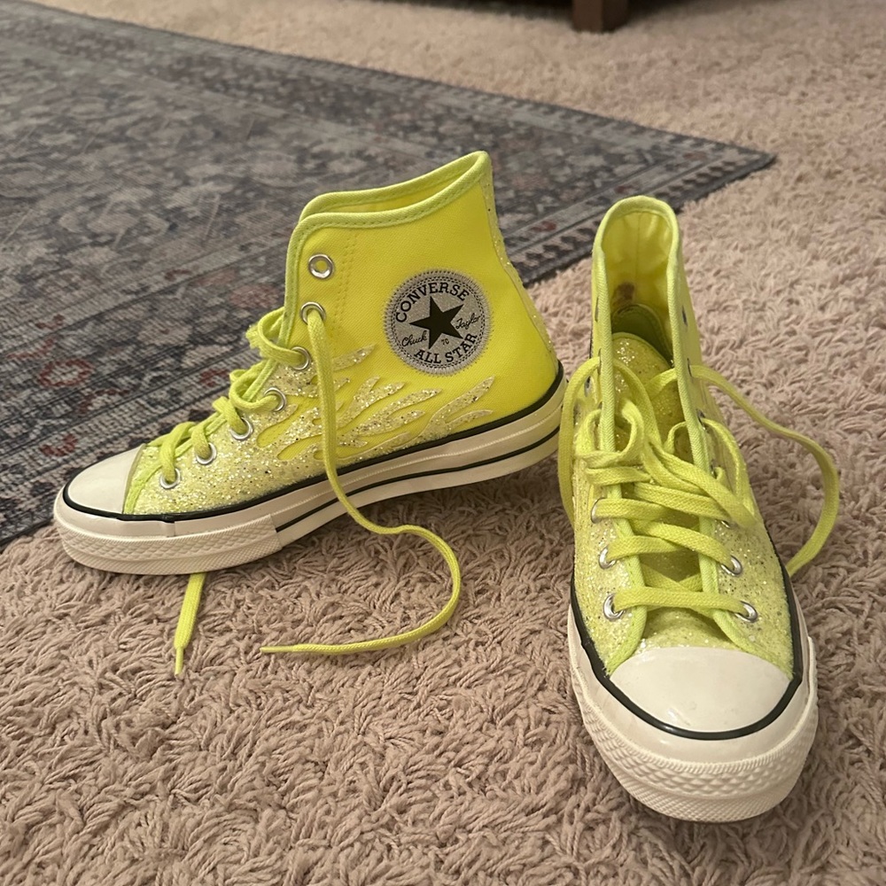RARE Chuck Taylors Converse. Neon green with glitter flames. Worn twice